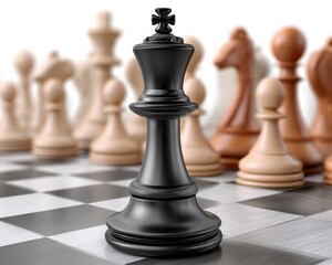 A close-up of a black chess king piece on a chessboard, surrounded by light-colored pawns and other pieces, highlighting the game's strategic nature.