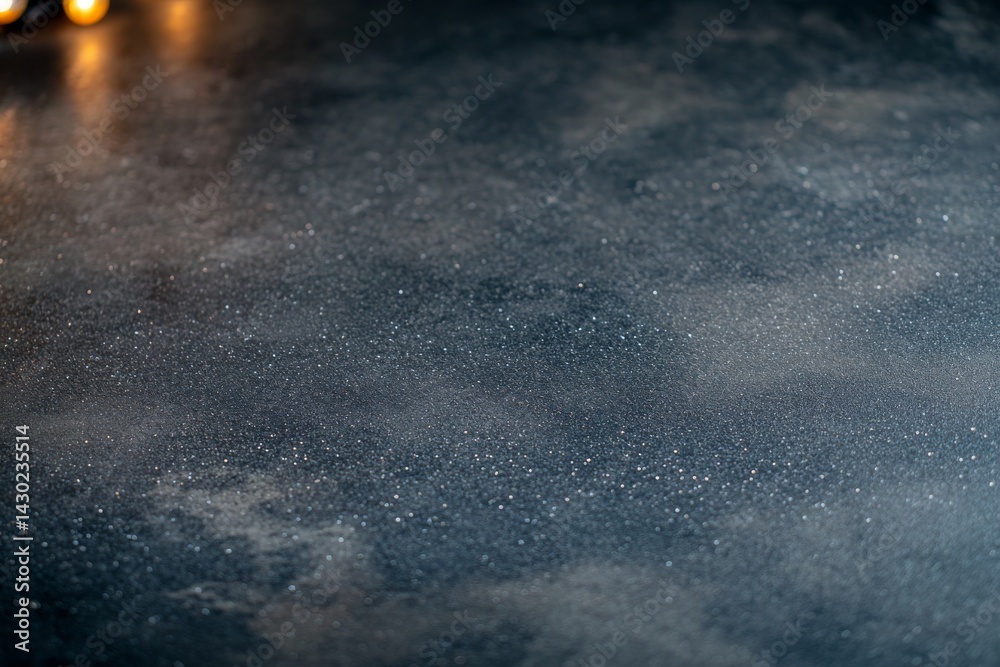 Poster silver glitter scatters across a dark gray surface, enhanced by glowing soft-focus bokeh lights in t