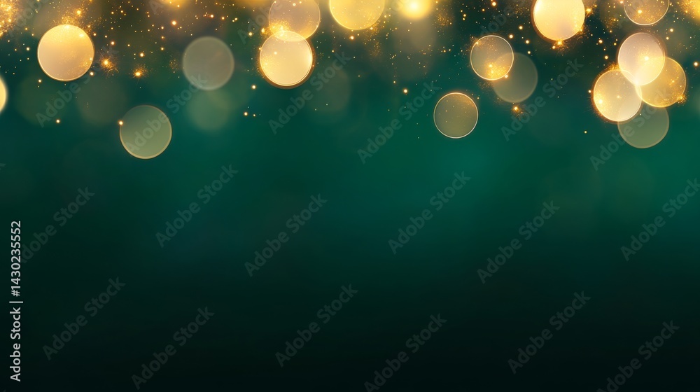 Poster Gold light particles shimmer against an emerald green background, creating a festive atmosphere with soft focus, perfect for elegant designs with ample copy space