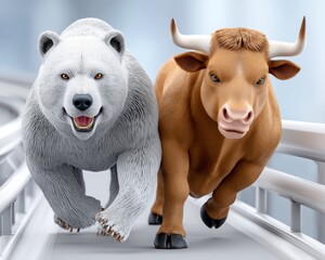 A dynamic illustration of a bear and a bull racing on a sleek track, symbolizing competition and the financial markets.