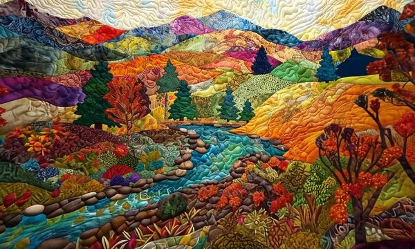 Vibrant autumn landscape quilt depicting a flowing river amidst colorful trees and mountains