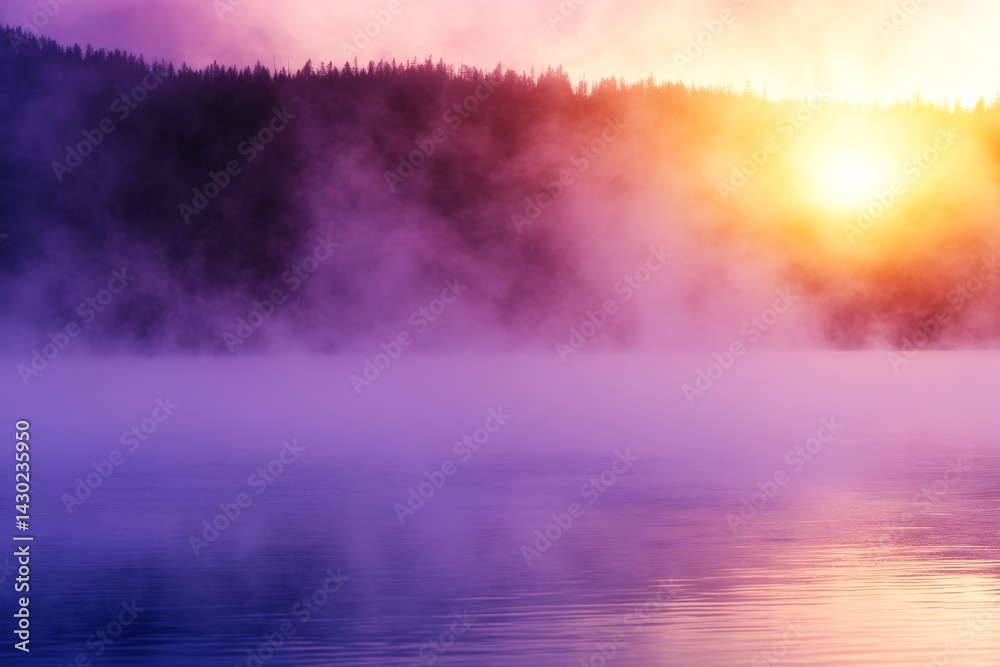 Poster a mesmerizing purple haze of fog drifts over still waters at sunrise, casting a tranquil atmosphere 