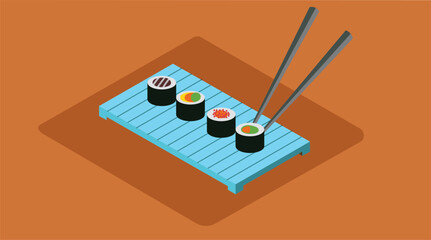 A delicious sushi plate featuring various types of sushi, neatly arranged with fresh ingredients, accompanied by chopsticks
