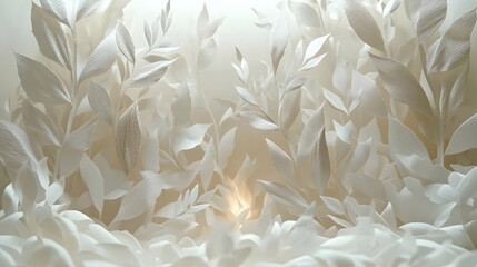 An ethereal garden with paper leaves and flowers awash in white hues and a hint of warmth from the center