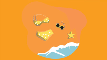 A sunny sandy beach scene with a bikini and sunglasses placed on the sand, evoking a relaxed summer vibe