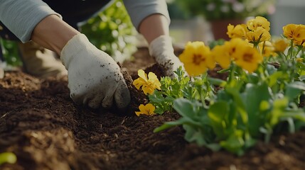 Fototapeta premium Gardener Planting Yellow Flowers in Soil