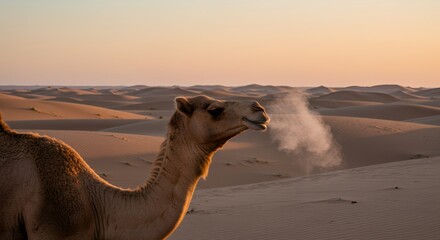 Camel Exhaling in the Arabian Desert at Sunset
