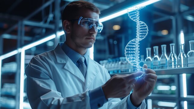 A cinematic style AI concept of a scientist holding a DNA hologram designing the perfect human clone in an ultra modern genetic research lab overlay cut out on isolated transparent removed background