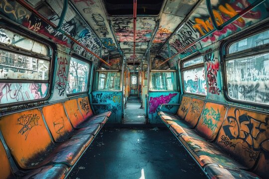 Abandoned subway car interior heavily graffitied, showing decay and urban art.