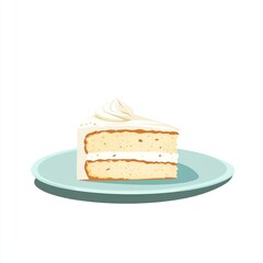Slice of vanilla cake on teal plate, digital illustration, food art, dessert, perfect for bakery background or recipe display