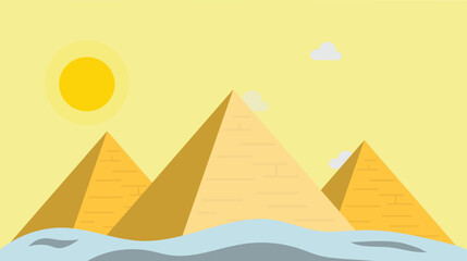 Ancient pyramids standing tall in the middle of a vast desert, surrounded by sand and bathed in sunlight, symbolizing history, mystery, and architectural wonder