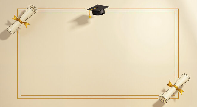 Golden frame with scrolls and graduation cap for formal academic presentations, invitations, or printed certificates