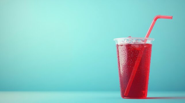 Red fizzy drink in a plastic cup with ice and a straw against a blue background.