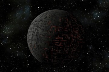Futuristic, dark, spherical celestial body with intricate, glowing circuitry patterns in space