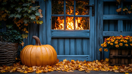 Cozy autumn scene with pumpkin mums leaves and firelight visible through a rustic wooden window