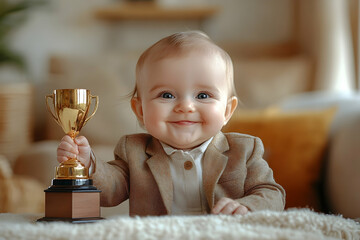 Cute baby in a blazer smiles holding a golden trophy with light neutral indoor background