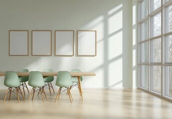 The interior of the dining room boasts a stylish design, complete with a wooden table, green chairs, and two empty frames hanging on the wall, all contributing to a modern and minimalist aesthetic