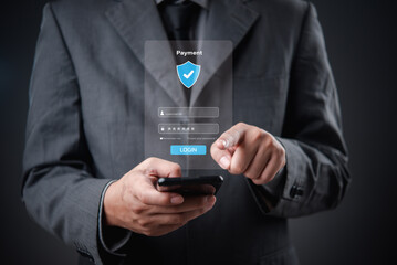 Businessman logging in on mobile payment app. Secure login interface, password protection and...