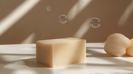 Fototapeta premium minimalist soap bar with bubbles and soft shadows .