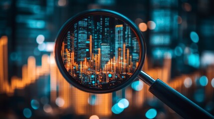 Magnifying glass focusing on a cityscape at night, showing data analysis and urban development.
