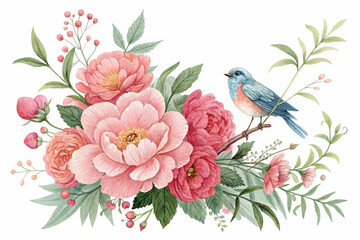 The image showcases a charming bluebird resting on a branch amidst a colorful arrangement of watercolor-style pink flowers and green foliage