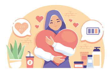 SelfLove Serenity Woman in Hijab Embracing Heart Surrounded by Care
