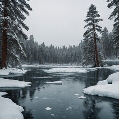 A frozen lake surrounded by pine trees, white background