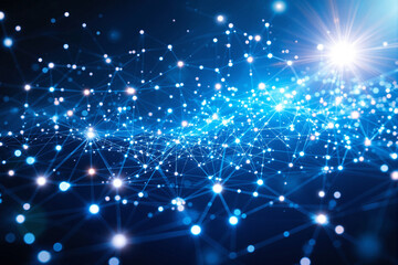 Abstract glowing blue network of light points and lines on a dark blue background with bright flare, symbolizing data, digital connections, and innovation. Ai generative