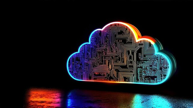 3D cloud icon with circuit board patterns illuminated by neon colors, representing AI powered edge computing and cloud data processing technology