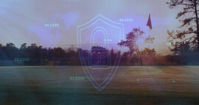 Translucent dotted shield icon hovering over golf fairway, displaying floating data on sunrise grid