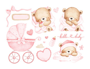 Watercolor Illustration Set of Sleepy Baby Teddy Bear and Nursery Elements