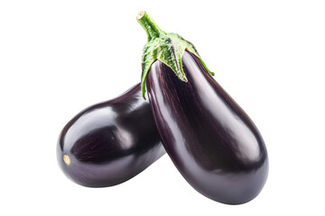 Fresh eggplants with leaves, isolated on white transparent background, concept of healthy eating.