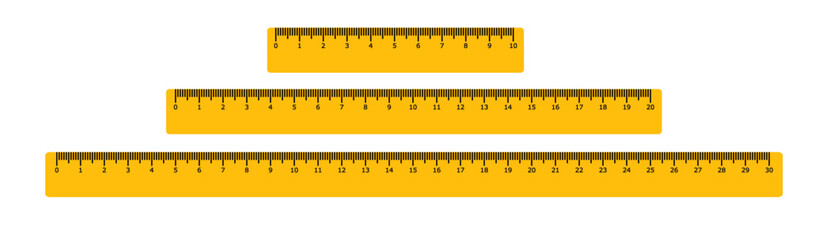 10, 20, 30 centimeters ruler measurement tool with numbers scale. realistic school measuring rulers in flat style