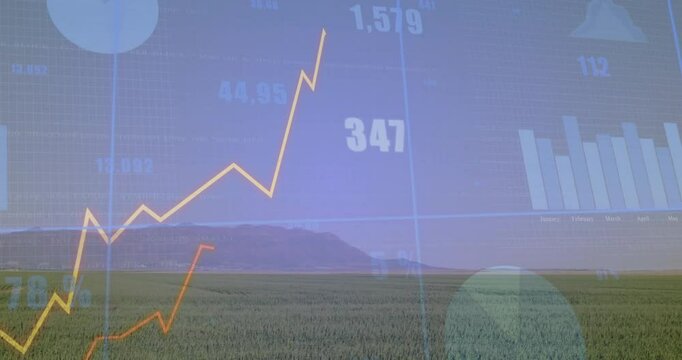 Flat design illustration showing clear data overlay over field with yellow line and bar charts - Powered by Adobe