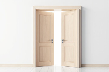 Light wooden double doors slightly open with bright light shining through, minimal interior with white walls and floor background, concept of opportunity. Ai generative