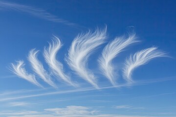 Obraz premium Wispy clouds against a vibrant blue sky. Detailed, feather-like formations