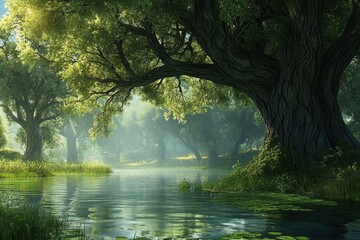 Obraz premium Serene forest landscape with tranquil water and vibrant greenery