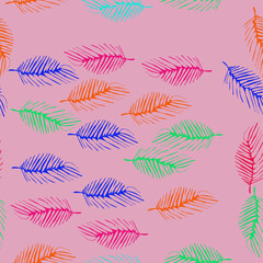 Seamless composition   colored  palm leaves. Hand drawn.