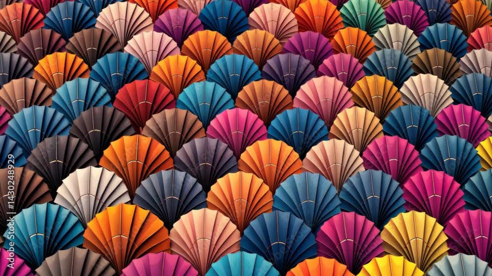 Poster a close up of a colorful array of fans shaped objects. the objects are in various colors and sizes