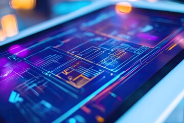 Futuristic tablet interface displays complex data visualizations, design elements and code