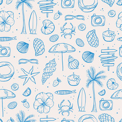 Sea life doodle hand drawn seamless pattern. Surf seamless pattern