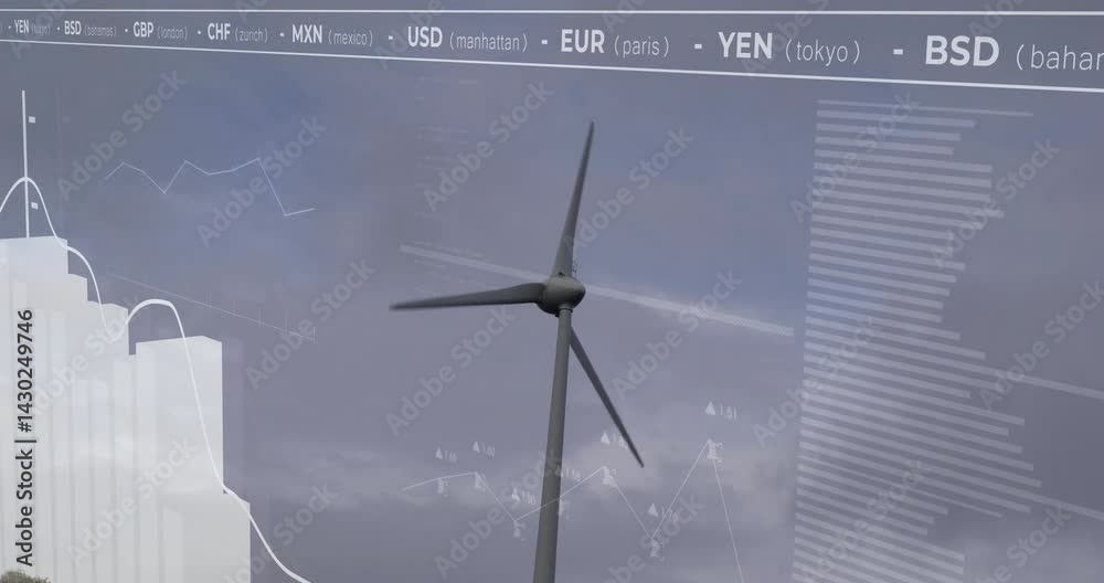 Poster wind turbine being animated in 3d render, with currency code header, bar chart and line graph