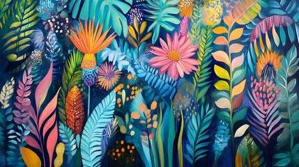 Vibrant Tropical Floral Painting: A Lush, Colorful, and Expressive Artwork