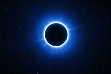 Naklejka premium Total solar eclipse glowing with blue light, cosmic fantasy style, starry background, concept of astronomical event in deep space. Ai generative