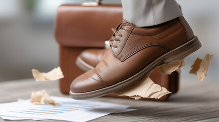 Business Frustration: A close-up shot reveals a decisive act of frustration as a well-shod foot stomps down on a crumpled document, briefcase adding the context of office.