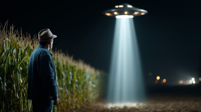 Mysterious Encounter: A solitary figure stands captivated under the beam of an Unidentified Flying Object (UFO) during a moonlit night, with a cornfield in the background.