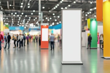 Trade show floor with standing promotional banners and blurred background of attendees, ideal for marketing and conference events.