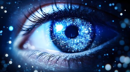 Futuristic Cityscape at Night with Vibrant Lights in an Eye