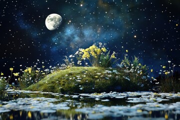 Flowers and moonlight create a magical scene over a tranquil pond at night in nature