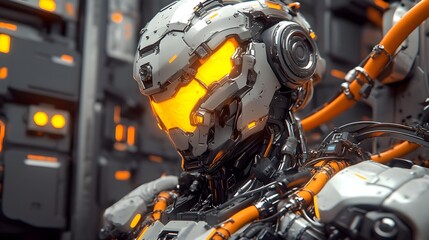 Fototapeta premium Futuristic Robot in Factory Setting with Yellow and Orange Accents